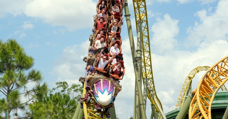 Guests ride on the Stardust Racers roller coaster at Epic Universe Theme Park at Universal Resort Orlando, Orlando, Fla., U.S., April 10, 2025. (AP Photo)