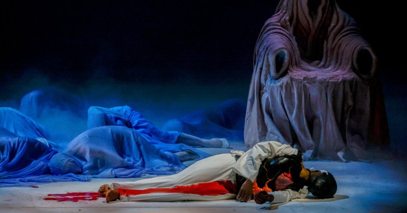 Actors perform during the general rehearsal of Ennio Morricone's only opera, Partenope, at the San Carlo Theatre, Naples, Italy, Dec. 11, 2025. (AP Photo)