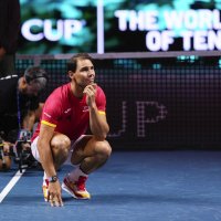 Spain's Rafael Nadal during a tribute after playing his last match as a professional tennis player in the Davis Cup quarterfinals at the Martin Carpena Sports Hall, Malaga, Spain, Nov. 20, 2024. (AP Photo)