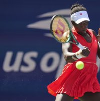 Canada's Victoria Mboko returns a shot to Czechia's Barbora Krejcikova during the first round of the U.S. Open tennis championships, New York, U.S., Aug. 25, 2025. (AP Photo)