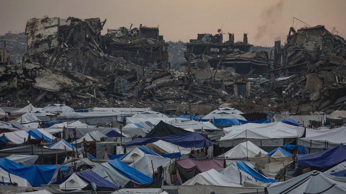 Tents of internally displaced Palestinian families seen among the ruins of destroyed buildings, al-Zaitun neighbourhood, Gaza City, Palestine, Dec. 12, 2025. (EPA Photo)