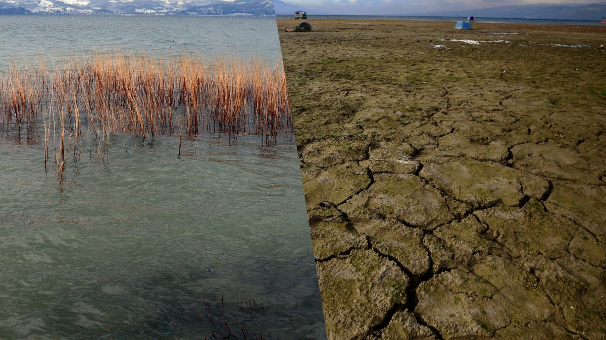 Archive and current photos shows Sapanca Lake in 2012 (L) and 2025 (R), highlighting the drop to its lowest recorded water level as the lake that supplies much of Sakarya, Türkiye, Dec. 15, 2025. (AA Photo) 