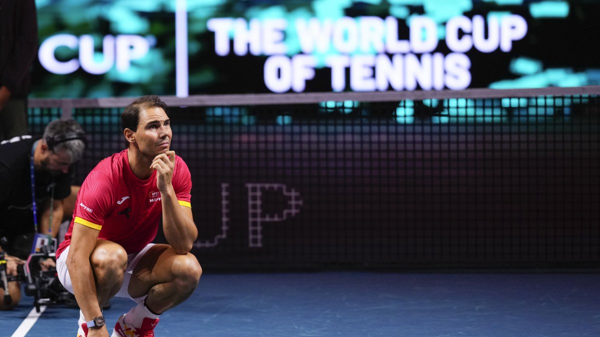 Spain's Rafael Nadal during a tribute after playing his last match as a professional tennis player in the Davis Cup quarterfinals at the Martin Carpena Sports Hall, Malaga, Spain, Nov. 20, 2024. (AP Photo)