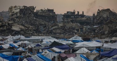 Tents of internally displaced Palestinian families seen among the ruins of destroyed buildings, al-Zaitun neighbourhood, Gaza City, Palestine, Dec. 12, 2025. (EPA Photo)