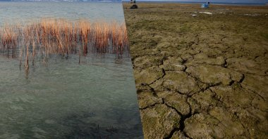 Archive and current photos shows Sapanca Lake in 2012 (L) and 2025 (R), highlighting the drop to its lowest recorded water level as the lake that supplies much of Sakarya, Türkiye, Dec. 15, 2025. (AA Photo) 