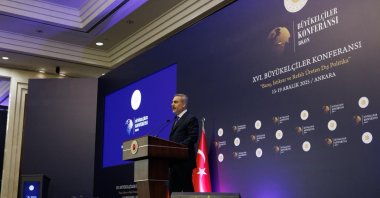 Foreign Minister Hakan Fidan addresses the 16th Conference of Ambassadors, Ankara, Türkiye, Dec. 15, 2025. (DHA Photo)