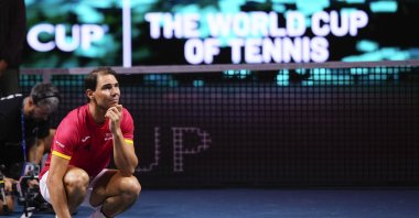 Spain's Rafael Nadal during a tribute after playing his last match as a professional tennis player in the Davis Cup quarterfinals at the Martin Carpena Sports Hall, Malaga, Spain, Nov. 20, 2024. (AP Photo)