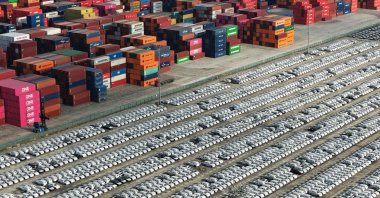 An aerial view shows vehicles awaiting to be exported at the Nanjing Port Longtan area operated by Jiangsu Port Group in Nanjing, Jiangsu province, China, Dec. 8, 2025. (AFP Photo)