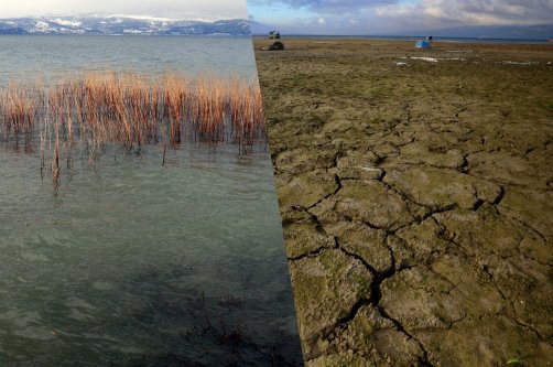Archive and current photos shows Sapanca Lake in 2012 (L) and 2025 (R), highlighting the drop to its lowest recorded water level as the lake that supplies much of Sakarya, Türkiye, Dec. 15, 2025. (AA Photo) 