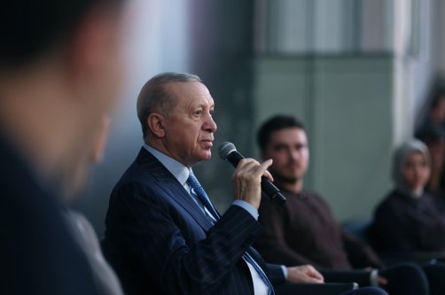 President Recep Tayyip Erdoğan meets with young people during the AK Party Youth Gatherings Campus Program at the Health Sciences University Haydarpaşa Campus, Istanbul, Türkiye, Dec.13, 2025. (AA Photo)