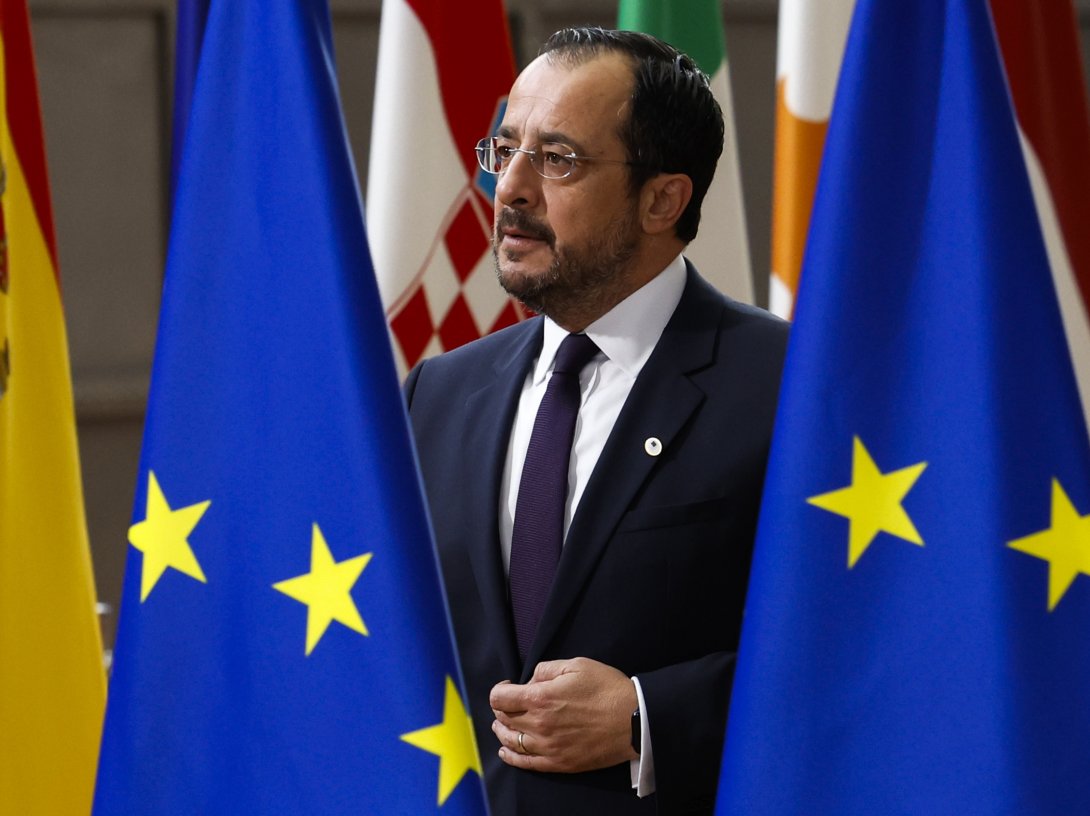 Greek Cypriot head Nikos Christodoulides arrives at an EU summit, Brussels, Belgium, Oct. 17, 2024. (AP Photo)