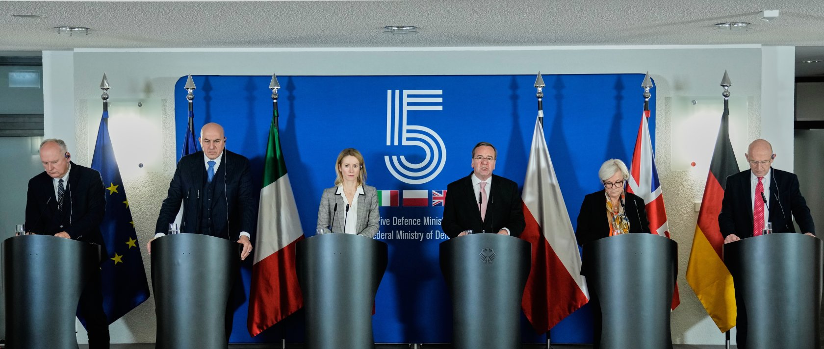France's Defense Minister Catherine Vautrin, (2nd R) Italy's defence minister Guido Crosetto, (2nd L) Britain's John Healey, (R) European Union High Representative for Foreign Affairs and Security Policy and European Commission Vice-President Kaja Kallas, (3rd L) and Polish vice defense minister Paweł Zalewski attend a press conference in Berlin, Germany, Nov. 14, 2025. (AP Photo)