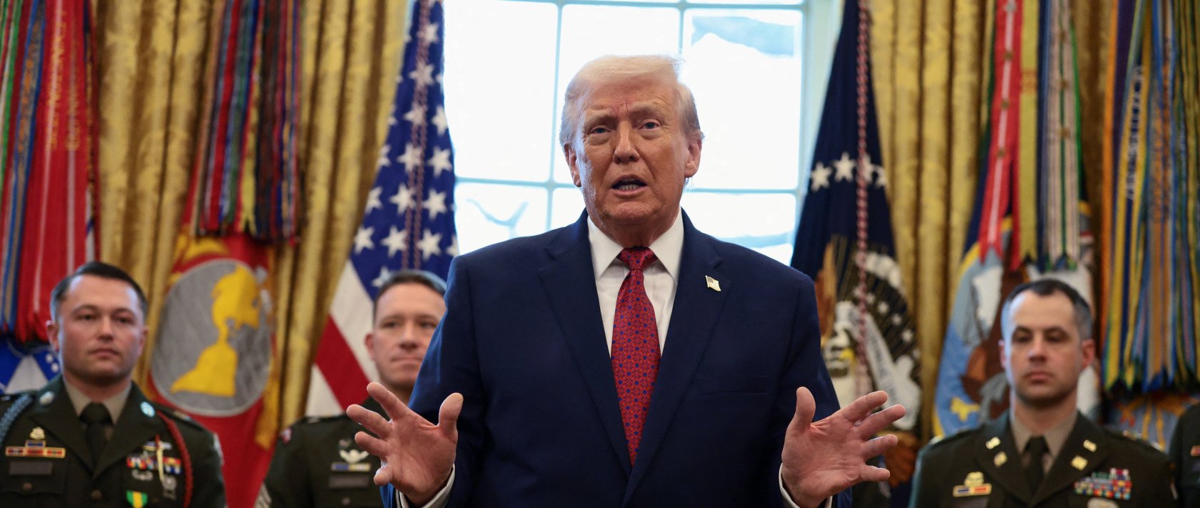 U.S. President Donald Trump speaks during a Mexican Border Defense Medal presentation in the Oval Office at the White House in Washington, D.C., U.S., Dec. 15, 2025. (Reuters Photo)