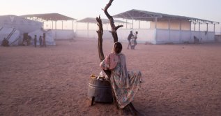 A Sudanese refugee girl from el-Fasher rests next to a burnt tree in the middle of the Tine transit camp, eastern Chad, Nov. 23, 2025. (Reuters Photo)