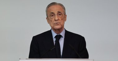 Real Madrid's President Florentino Perez delivers a speech duirng traditional year-end holiday gathering of journalists and other guests at the Santiago Bernabeu stadium, Madrid, Spain, Dec. 15, 2025. (AFP Photo)