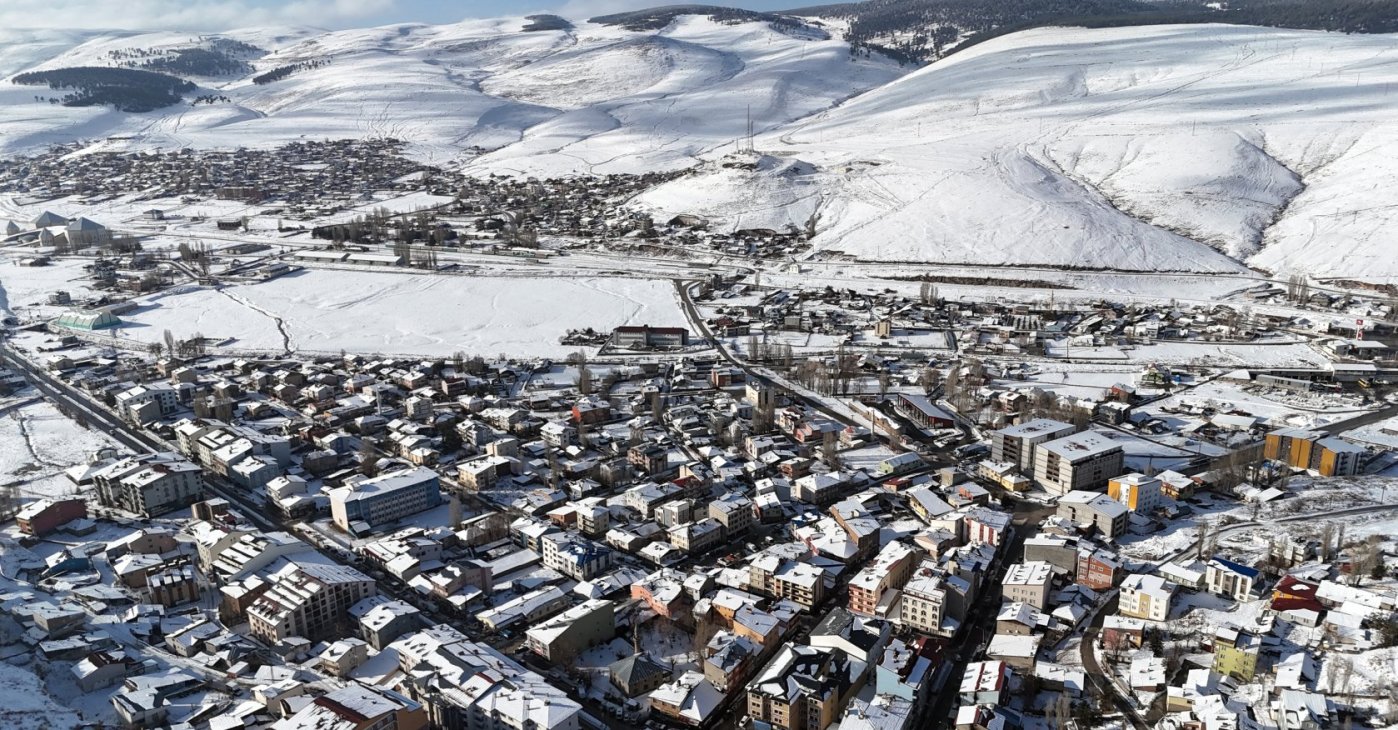 An aerial view shows Sarıkamış blanketed in snow after heavy snowfall, Kars, Türkiye, Dec. 12, 2025. (AA Photo)