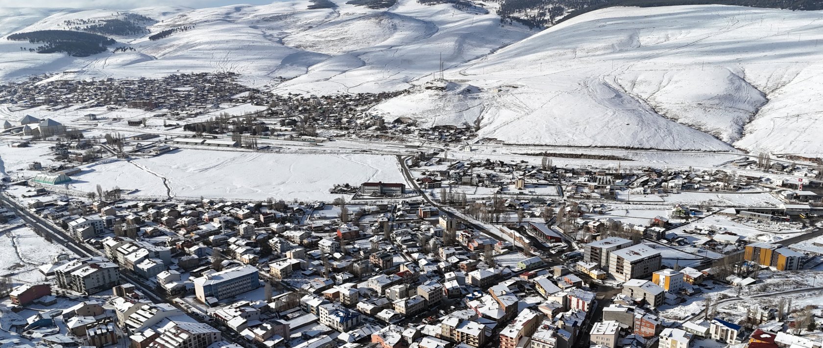 An aerial view shows Sarıkamış blanketed in snow after heavy snowfall, Kars, Türkiye, Dec. 12, 2025. (AA Photo)