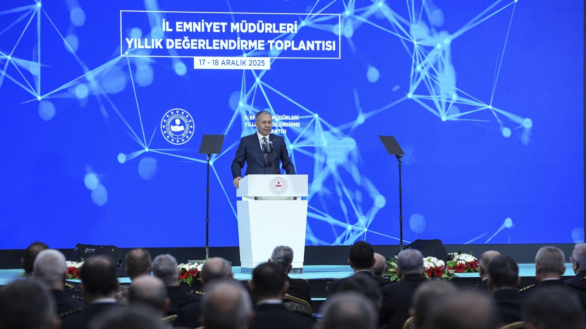 Interior Minister Ali Yerlikaya speaks at a meeting with police chiefs, Ankara, Türkiye, Dec. 17, 2025. (AA Photo)
