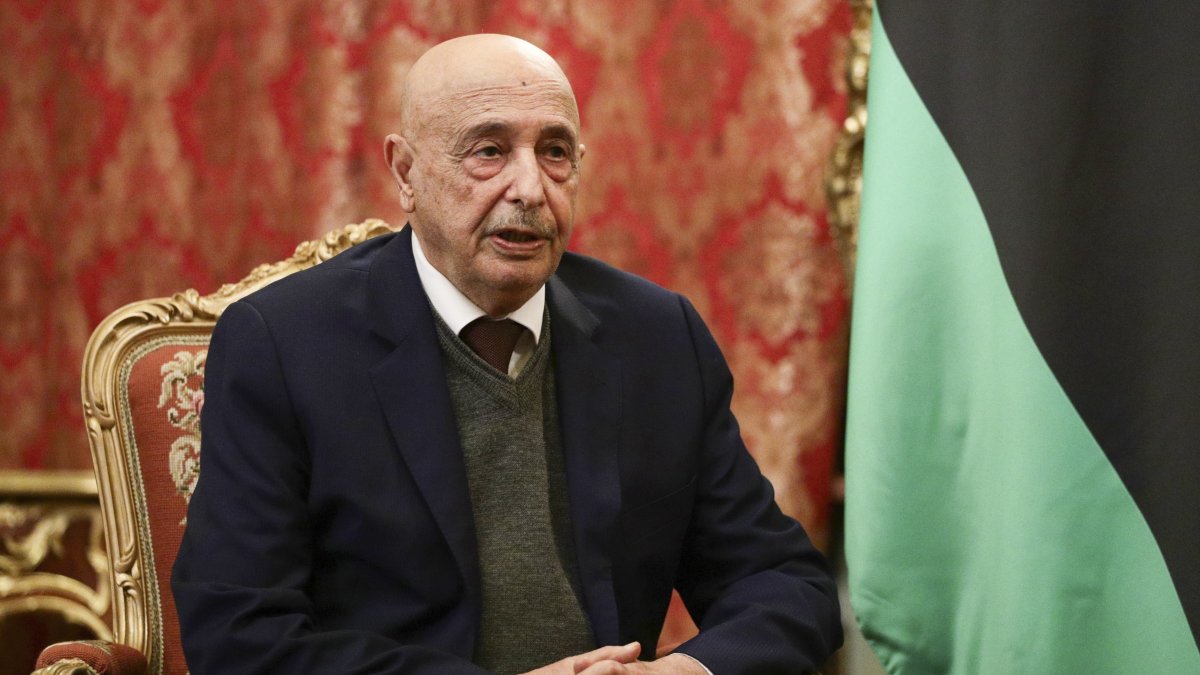 Libyan Parliament Speaker Aguila Saleh speaks to Russian Foreign Minister Sergey Lavrov during their talks, Moscow, Russia, Nov. 24, 2020. (AP Photo)