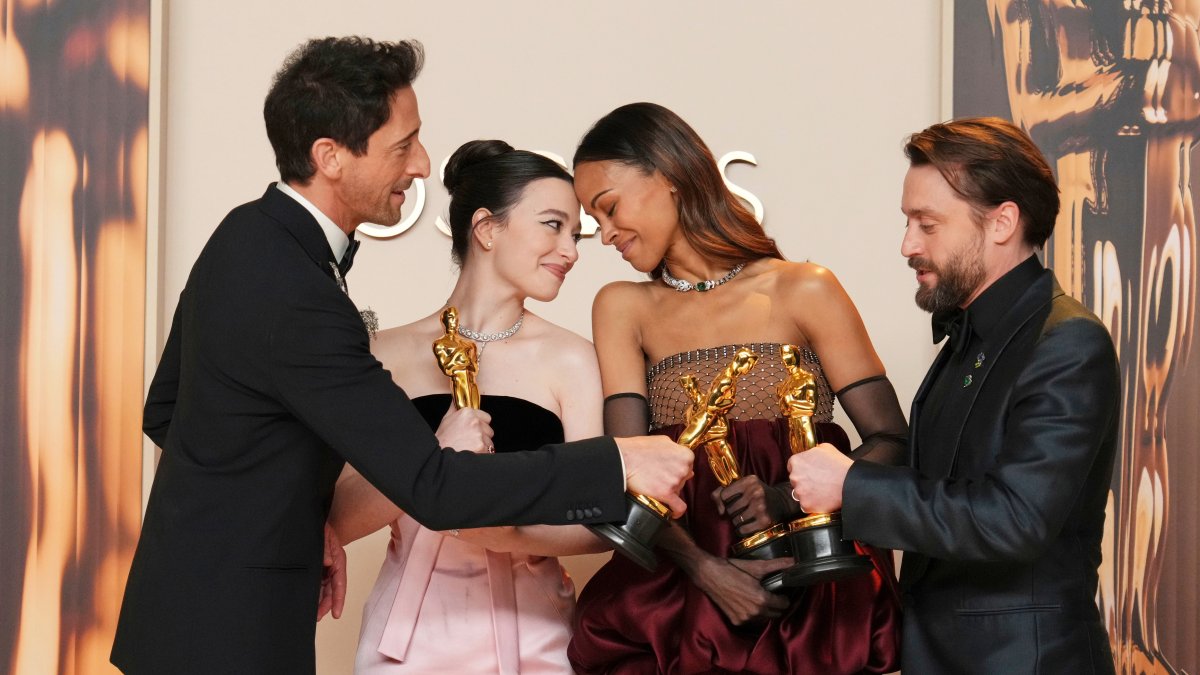 (L to R) Adrien Brody, winner of the award for best performance by an actor in a leading role for "The Brutalist," Mikey Madison, winner of the award for best performance by an actress in a leading role for "Anora," Zoe Saldana, winner of the award for best performance by an actress in a supporting role for "Emilia Perez," and Kieran Culkin, winner of the award for best performance by an actor in a supporting role for "A Real Pain," pose in the press room at the Oscars at the Dolby Theatre, Los Angeles, U.S., March 2, 2025. (AP Photo)