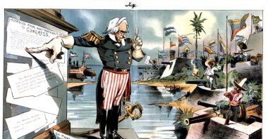 A satirical cartoon in “Judge” about the Monroe Doctrine's being applied to Latin America under certain conditions, Library of Congress, Washington, U.S., January 1903. (Getty Images Photo)