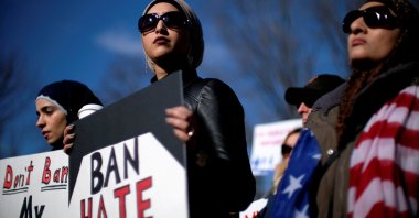 Rights activists hold a rally in front of the White House to mark the anniversary of the first Trump administration travel and refugee ban in Washington, U.S., Jan. 27, 2018. (Reuters Photo)