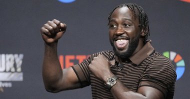 Terence Crawford motions during a news conference, Las Vegas, U.S., June 27, 2025. (AP Photo)