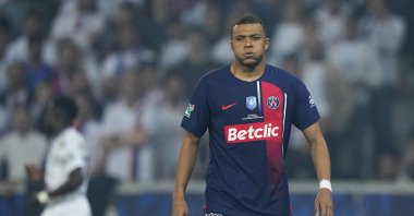 Kylian Mbappe reacts during the French Cup final match between Lyon and PSG at the Pierre Mauroy stadium, Villeneuve d'Ascq, France, May 25, 2024. (AP Photo)