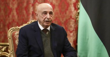 Libyan Parliament Speaker Aguila Saleh speaks to Russian Foreign Minister Sergey Lavrov during their talks, Moscow, Russia, Nov. 24, 2020. (AP Photo)