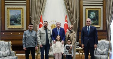 President Recep Tayyip Erdogan receives the family and relatives of 6-year-old Palestinian girl Hind Rajab, who was killed by Israeli fire in Gaza, the Presidential Complex, Ankara, Türkiye, Dec. 17, 2025. (DHA Photo)