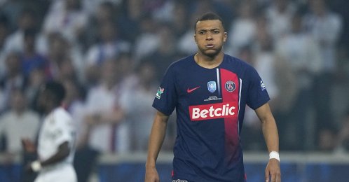Kylian Mbappe reacts during the French Cup final match between Lyon and PSG at the Pierre Mauroy stadium, Villeneuve d'Ascq, France, May 25, 2024. (AP Photo)