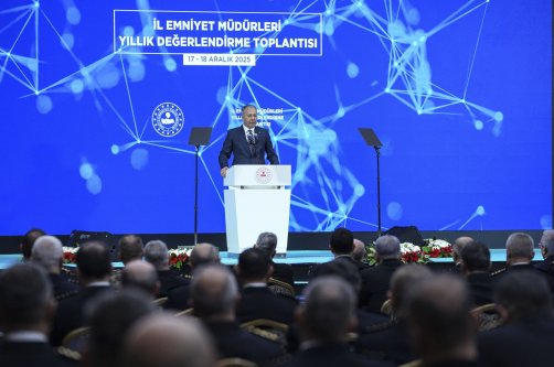 Interior Minister Ali Yerlikaya speaks at a meeting with police chiefs, Ankara, Türkiye, Dec. 17, 2025. (AA Photo)