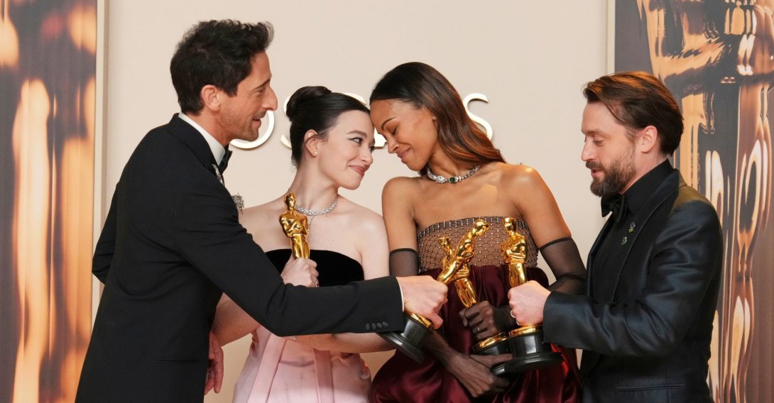 (L to R) Adrien Brody, winner of the award for best performance by an actor in a leading role for "The Brutalist," Mikey Madison, winner of the award for best performance by an actress in a leading role for "Anora," Zoe Saldana, winner of the award for best performance by an actress in a supporting role for "Emilia Perez," and Kieran Culkin, winner of the award for best performance by an actor in a supporting role for "A Real Pain," pose in the press room at the Oscars at the Dolby Theatre, Los Angeles, U.S., March 2, 2025. (AP Photo)