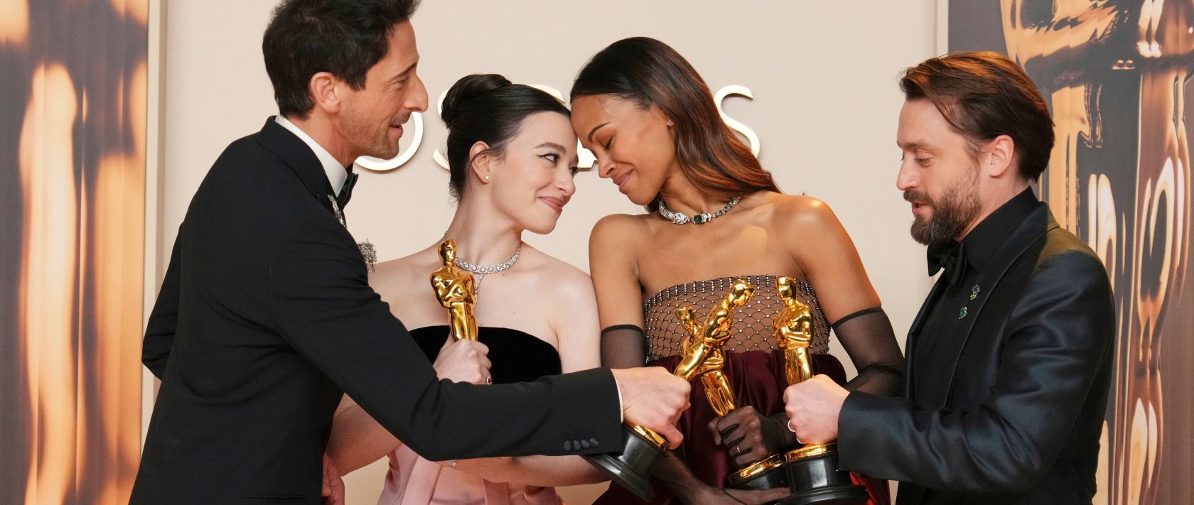 (L to R) Adrien Brody, winner of the award for best performance by an actor in a leading role for "The Brutalist," Mikey Madison, winner of the award for best performance by an actress in a leading role for "Anora," Zoe Saldana, winner of the award for best performance by an actress in a supporting role for "Emilia Perez," and Kieran Culkin, winner of the award for best performance by an actor in a supporting role for "A Real Pain," pose in the press room at the Oscars at the Dolby Theatre, Los Angeles, U.S., March 2, 2025. (AP Photo)