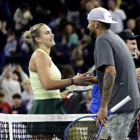 Aryna Sabalenka (L) shakes Nick Kyrgios' (C) hands as Tommy Paul congratulates Naomi Osaka on winning their mixed doubles match during the Garden Cup at Madison Square Garden, New York City, U.S., Dec. 8, 2025. (AFP Photo)