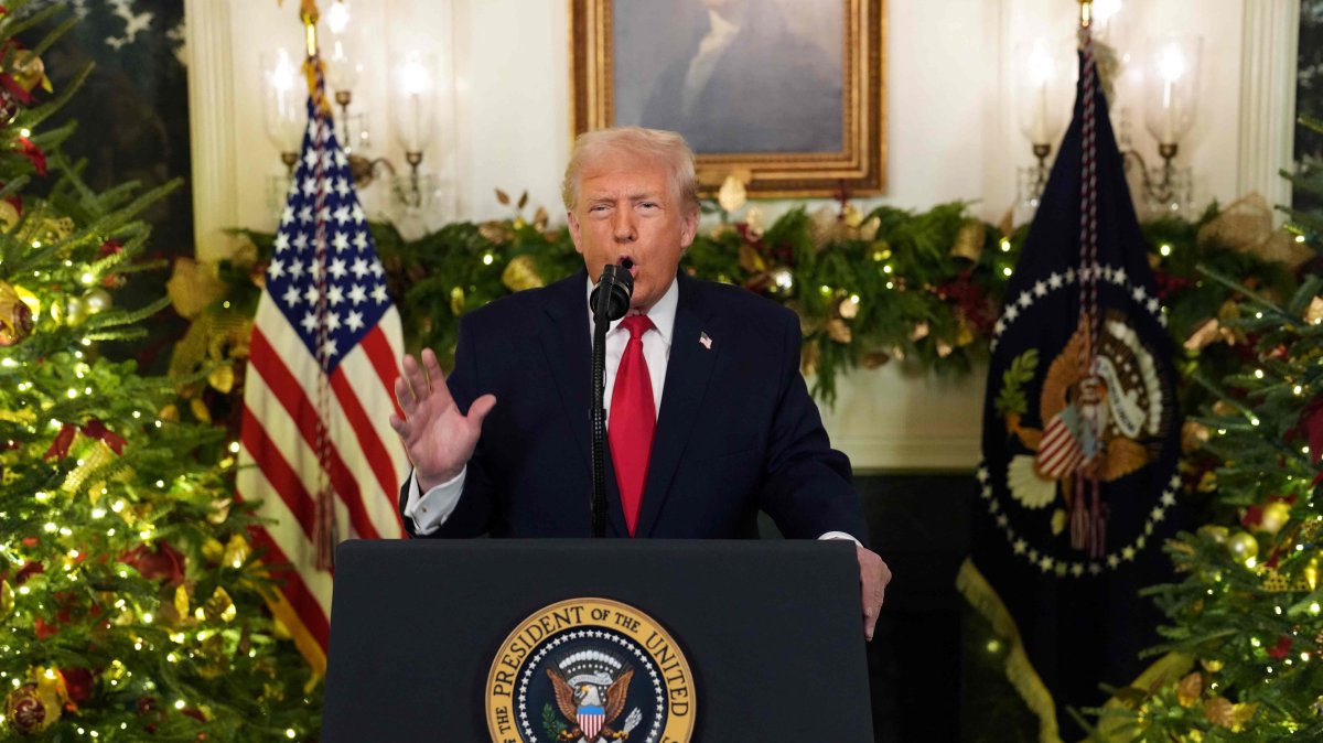 U.S. President Donald Trump addresses the nation from the Diplomatic Reception Room of the White House in Washington, D.C., U.S., Dec. 17, 2025. (AFP Photo)