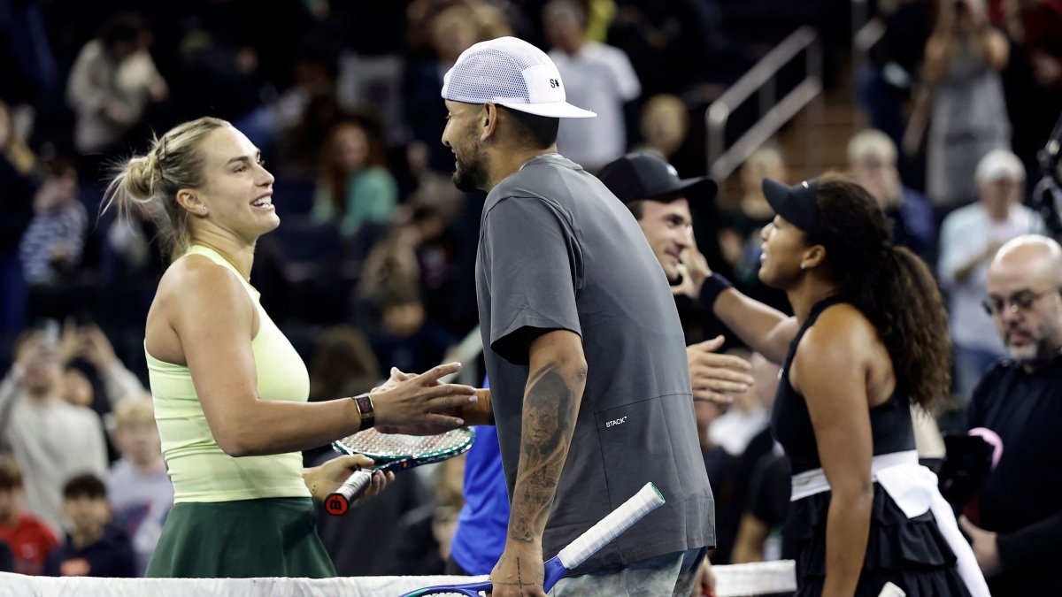 Aryna Sabalenka (L) shakes Nick Kyrgios' (C) hands as Tommy Paul congratulates Naomi Osaka on winning their mixed doubles match during the Garden Cup at Madison Square Garden, New York City, U.S., Dec. 8, 2025. (AFP Photo)