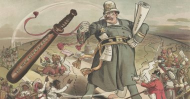 The World's Constable, Puck Magazine cartoon shows President Theodore Roosevelt as a constable standing between Europe, Latin America, Asia and Africa with a big stick labeled "The New Diplomacy," Jan. 14, 1905. (Shutterstock Photo)