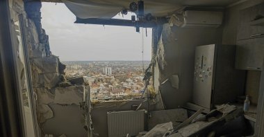A view of the damaged flat of an apartment building is seen after a Ukrainian drone's attack in Rostov-on-Don, Russia, March 22, 2025. (AP Photo)