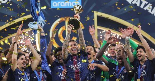 PSG's players celebrate on the podium after winning the 2025 FIFA Intercontinental Cup final football match between Paris Saint-Germain (PSG) and CR Flamengo at the Ahmad bin Ali Stadium, Al-Rayyan, Qatar, Dec. 17, 2025. (AFP Photo)