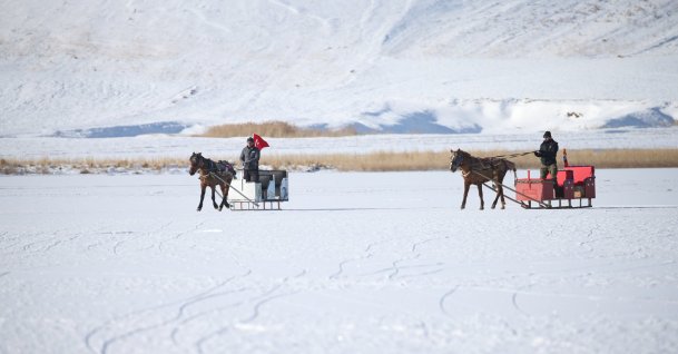 Horse-drawn sleigh operators guide their horses across the partially frozen Çıldır Lake, Kars, Türkiye, Dec. 16, 2025. (AA Photo)