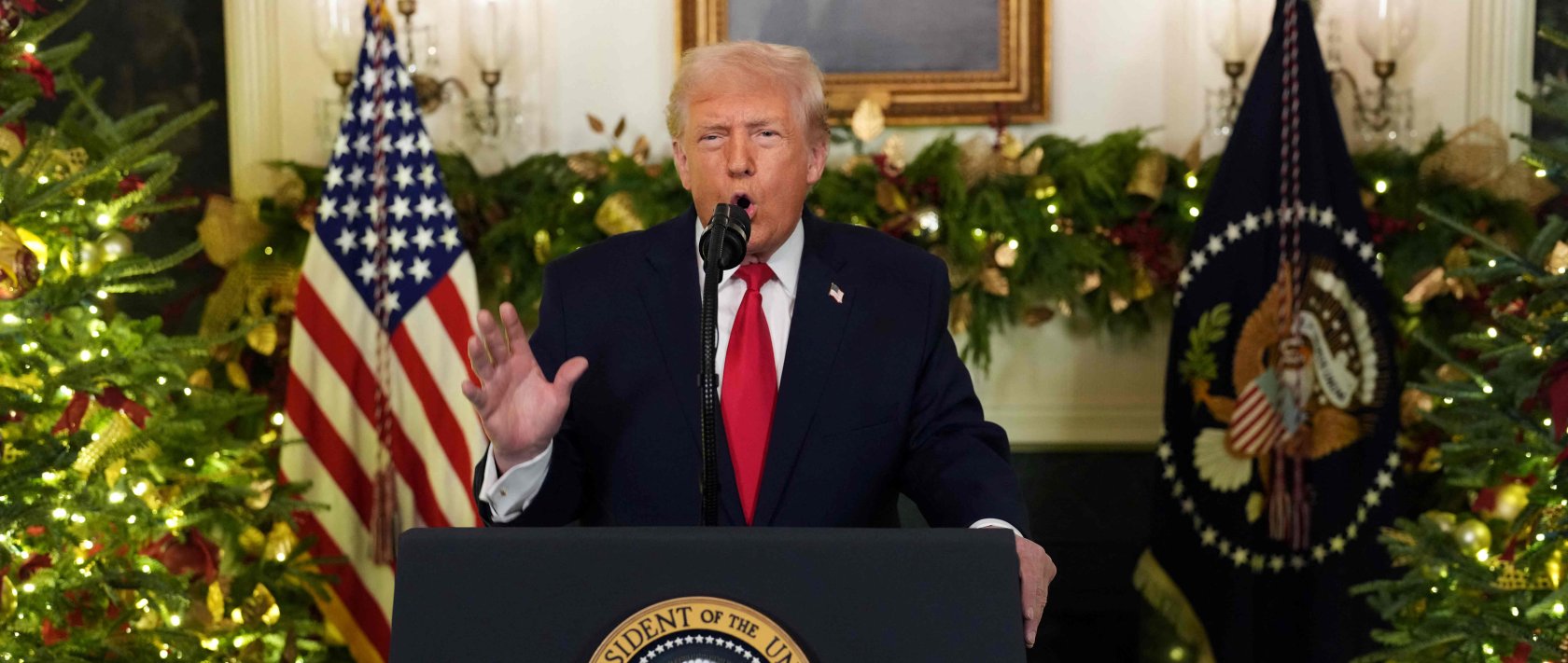 U.S. President Donald Trump addresses the nation from the Diplomatic Reception Room of the White House in Washington, D.C., U.S., Dec. 17, 2025. (AFP Photo)