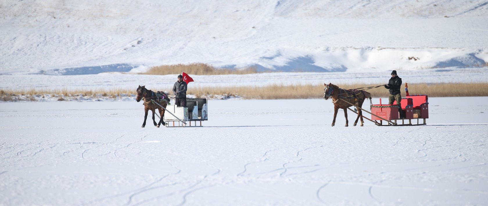 Horse-drawn sleigh operators guide their horses across the partially frozen Çıldır Lake, Kars, Türkiye, Dec. 16, 2025. (AA Photo)