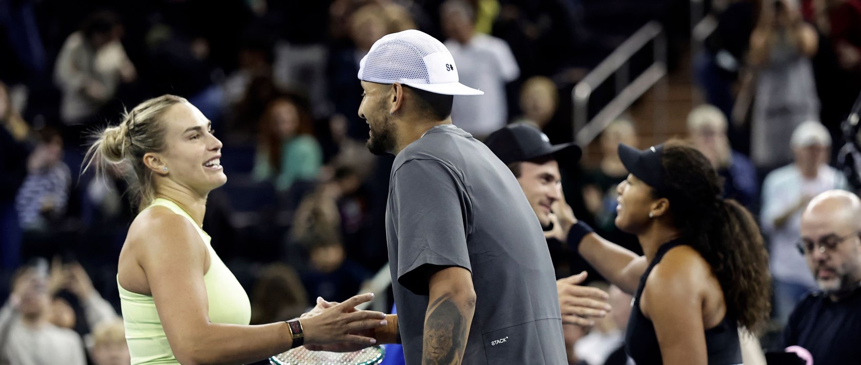 Aryna Sabalenka (L) shakes Nick Kyrgios' (C) hands as Tommy Paul congratulates Naomi Osaka on winning their mixed doubles match during the Garden Cup at Madison Square Garden, New York City, U.S., Dec. 8, 2025. (AFP Photo)