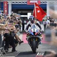 Toprak Razgatlıoğlu crosses the line to victory in the Tissot Superpole at the 11th round of the 2025 WSBK, Estoril, Portugal, Oct. 12, 2025. (AA Photo)
