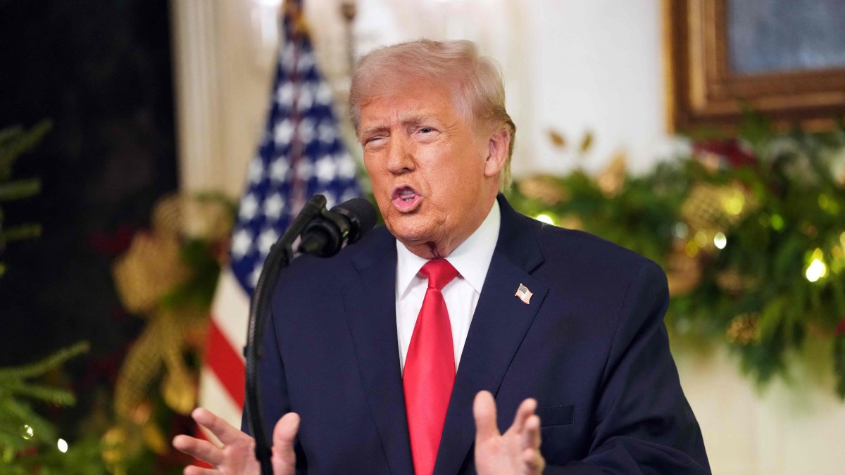 President Donald Trump addresses the nation from the Diplomatic Reception Room of the White House in Washington, D.C., Dec. 17, 2025. (AFP Photo)