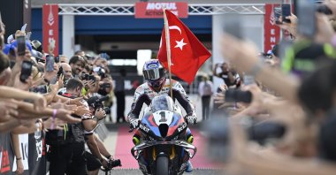 Toprak Razgatlıoğlu crosses the line to victory in the Tissot Superpole at the 11th round of the 2025 WSBK, Estoril, Portugal, Oct. 12, 2025. (AA Photo)