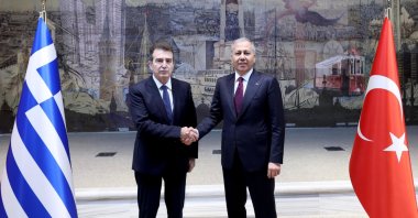 Interior Minister Ali Yerlikaya (R) meets with Greek Citizen Protection Minister Michalis Chrisochoidis (L), the Presidential Dolmabahçe Office, Istanbul, Türkiye, Dec. 18, 2025. (AA Photo)