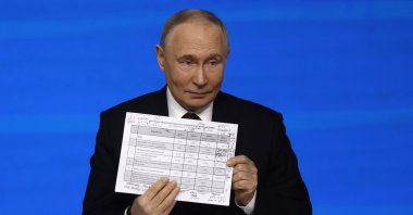 Russian President Vladimir Putin speaks during his annual live broadcast press conference with Russian federal, regional, and foreign media at the Gostiny Dvor forum hall, Moscow, Russia, Dec. 19, 2025. (EPA Photo)