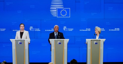 From left, Denmark's Prime Minister Mette Frederiksen, European Council President Antonio Costa and European Commission President Ursula von der Leyen hold a press conference during a European Union leaders' summit, in Brussels, Belgium, Dec. 19, 2025. (Reuters Photo)